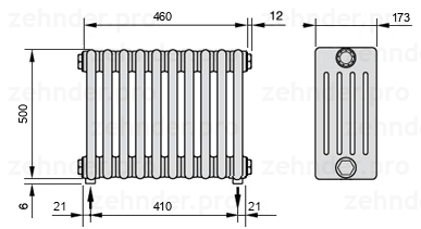 Схема (чертеж) Радиатор Zehnder Charleston 5050/10 №5310 Белый глянцевый RAL 9016